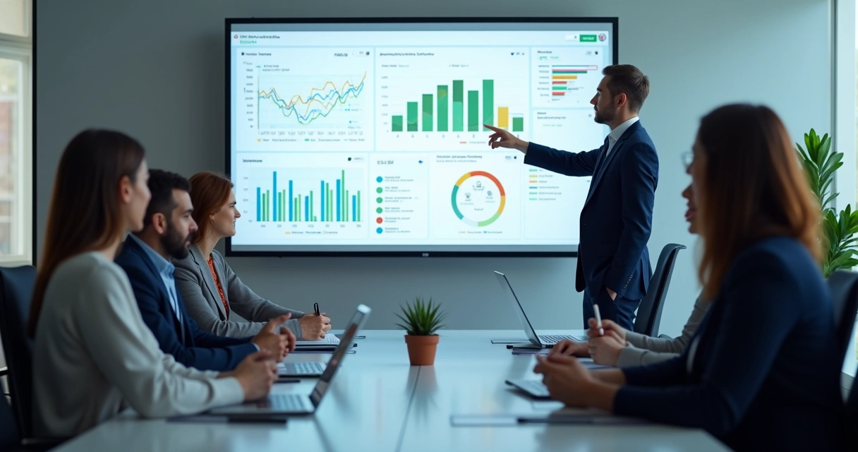 Apresentação de software SaaS em reunião de trabalho com tela e notebook 