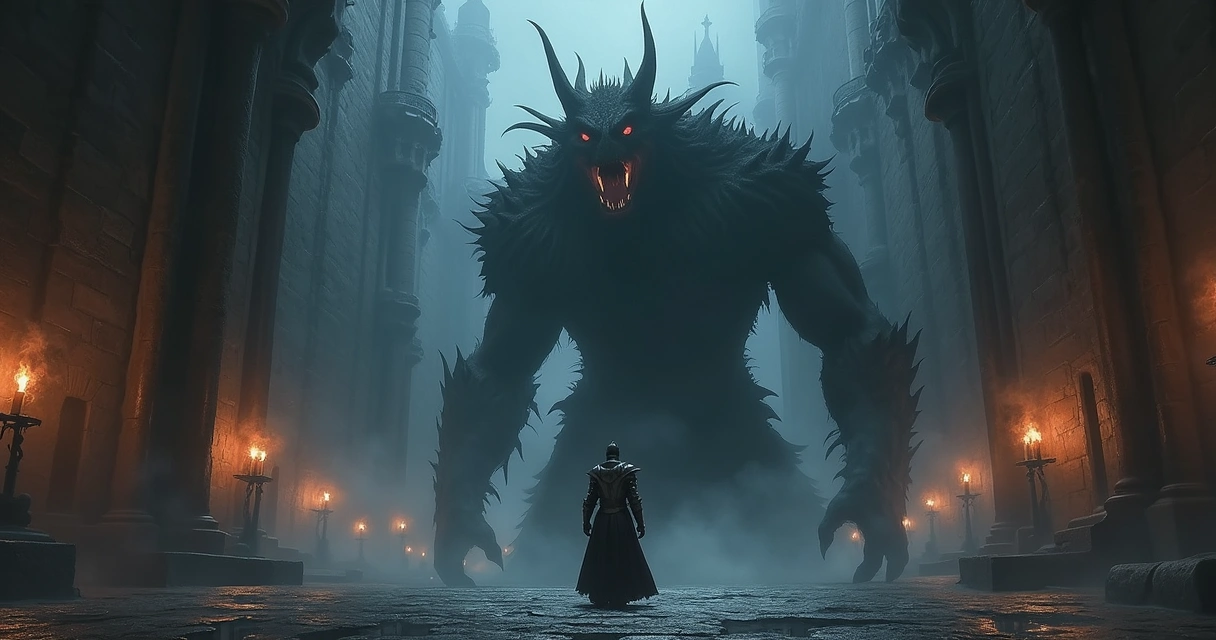 Cavaleiro enfrenta boss em castelo sombrio em Demon's Souls 