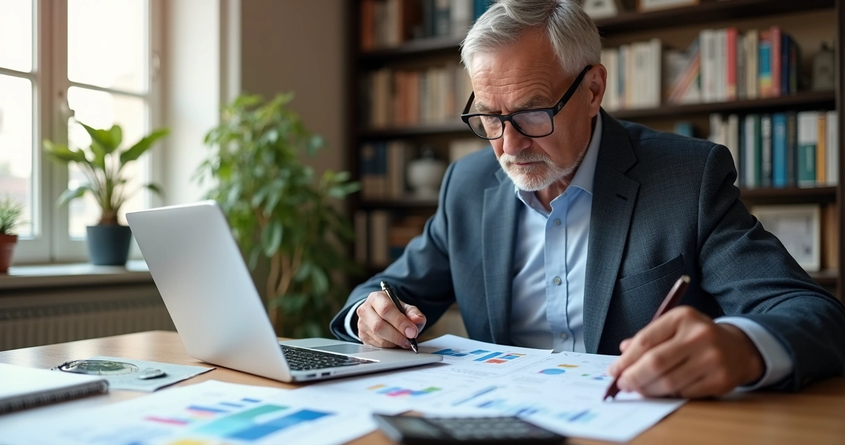 Analista analisando demonstrativos financeiros em mesa com gráficos