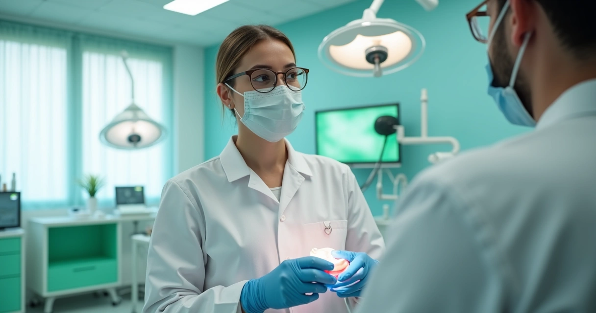 Profissional mostra sala moderna de clínica e instrumentos de odontologia 