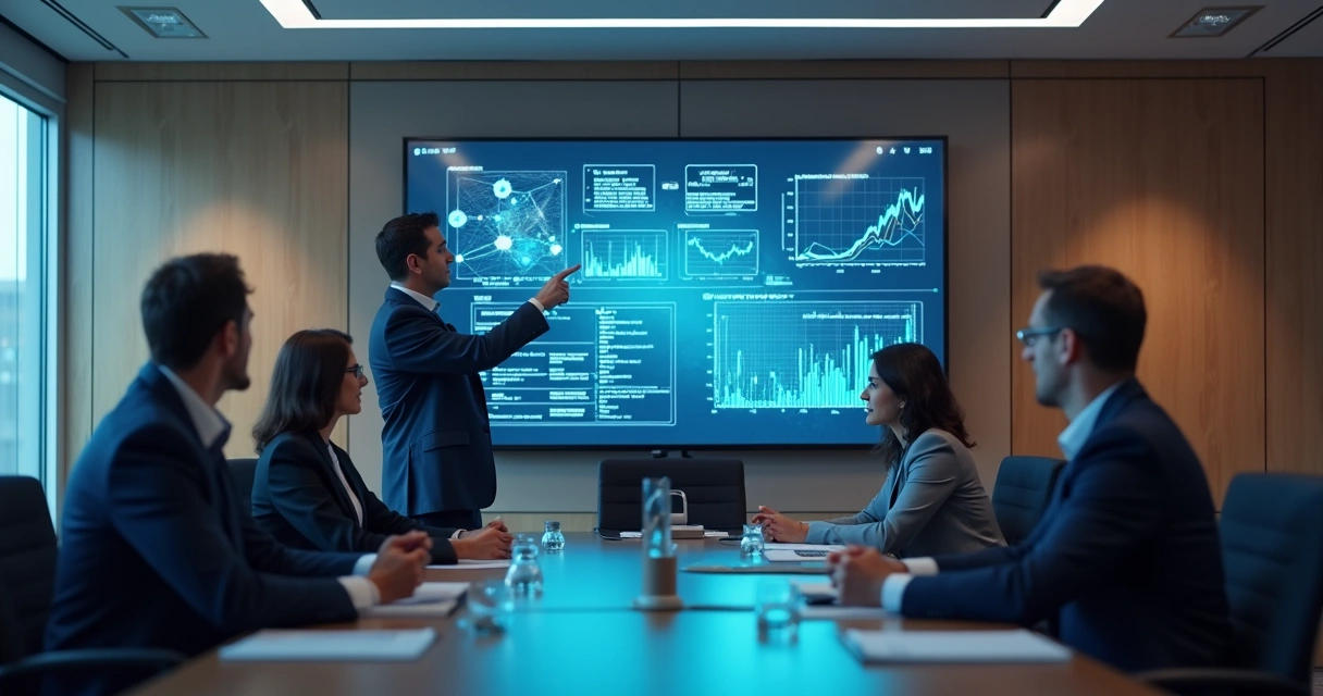 Executivo apresenta painel digital com gráficos de IA e dados sintéticos a um grupo de pessoas 
