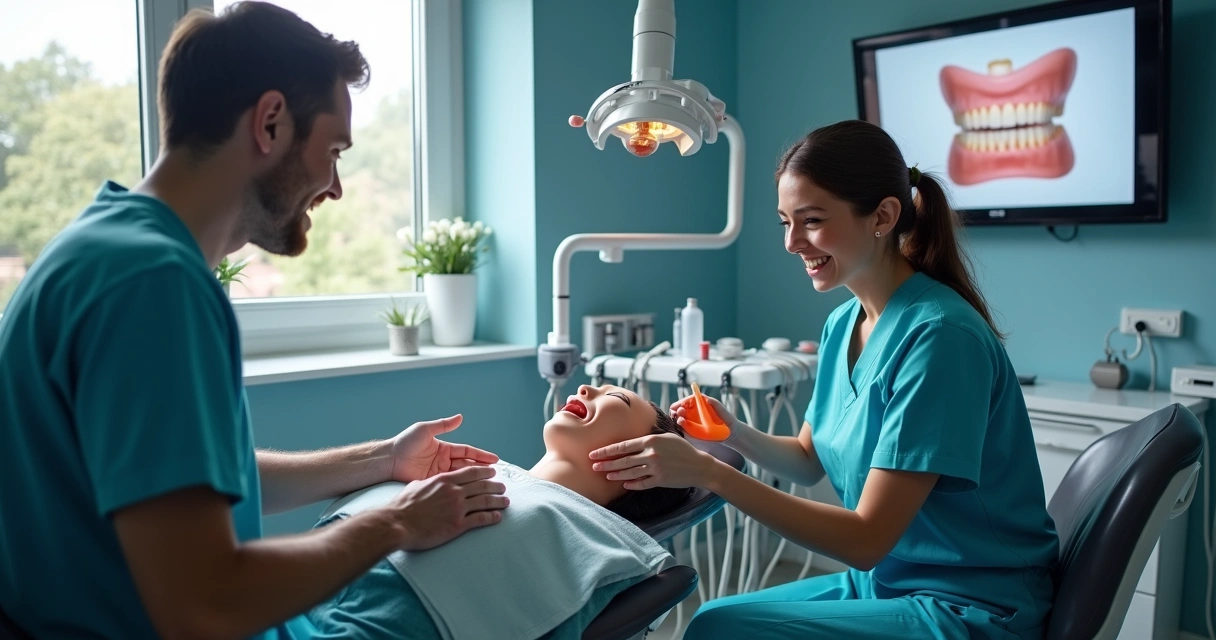 Dentista realizando simulação de procedimento dental durante live