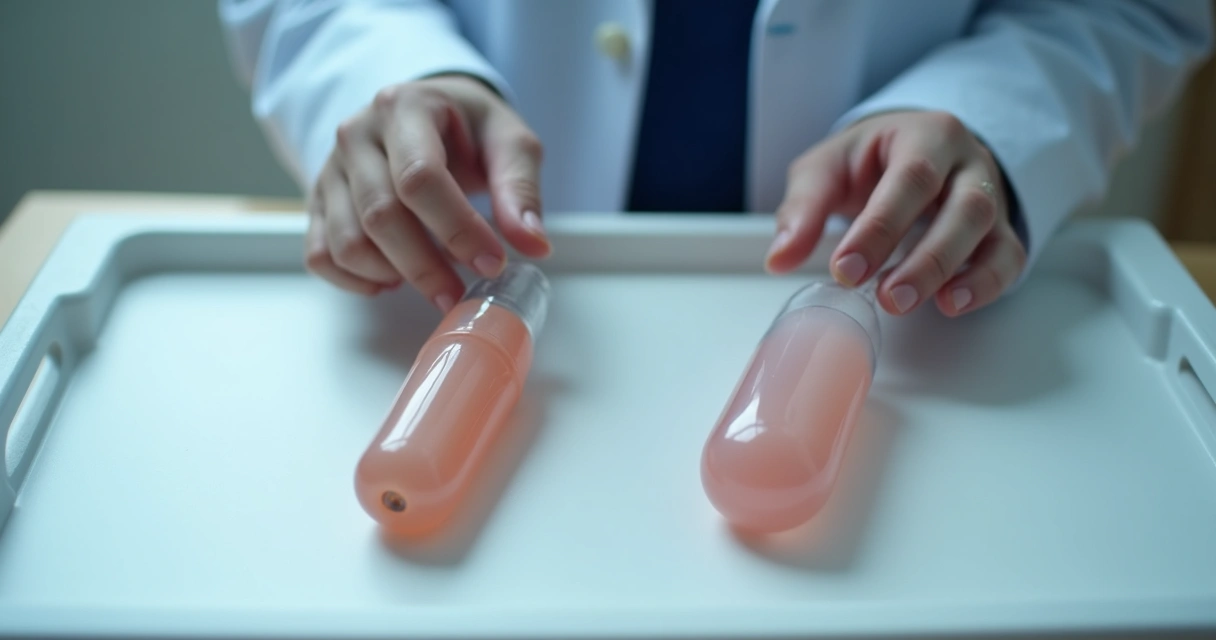 Demonstração de prótese peniana inflável e maleável comparando modelos em exposição médica 