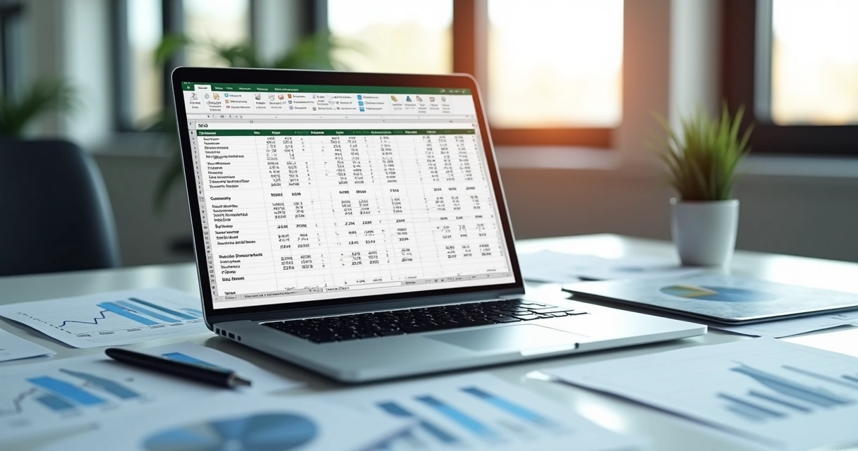 Planilha de DRE detalhada com gráficos financeiros e documentos corporativos ao fundo 
