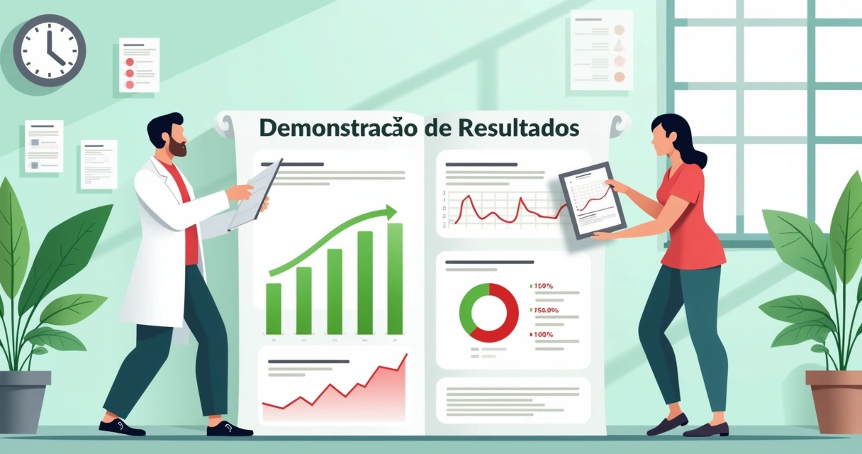 Ambiente de clínica médica com relatório financeiro analisado por médico e enfermeira, focando em resultados financeiros.