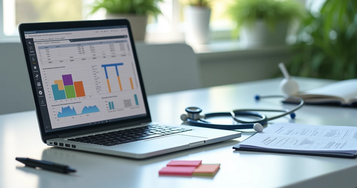 Vista de um computador com planilha financeira e prontuário médico digital