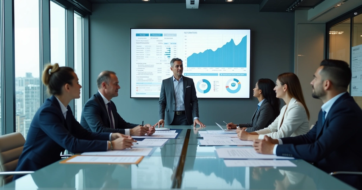 Reunião de gestores analisando relatórios financeiros elaborados em computador