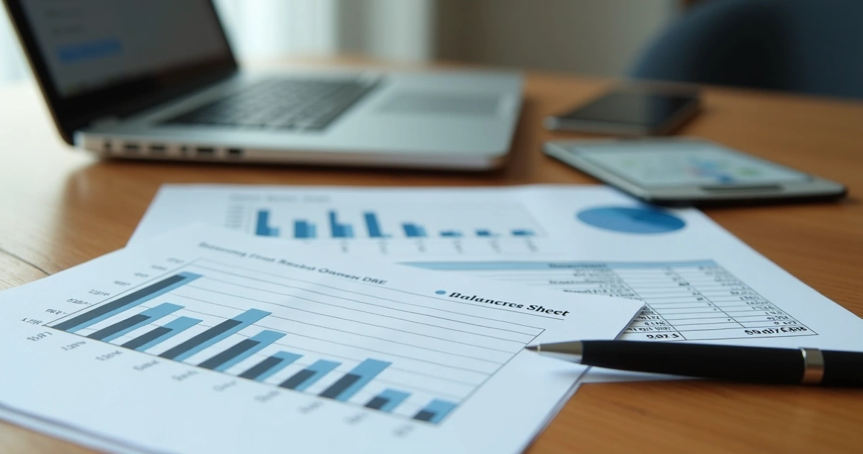 Mesa de escritório com laptop aberto mostrando gráficos financeiros, documentos impressos com tabelas de DRE, DFC e Balanço Patrimonial, caneta ao lado, iluminação natural suave 