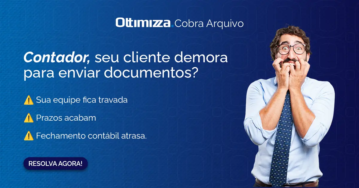 Homem preocupado mordendo as unhas com texto sobre demora de clientes em enviar documentos contábeis