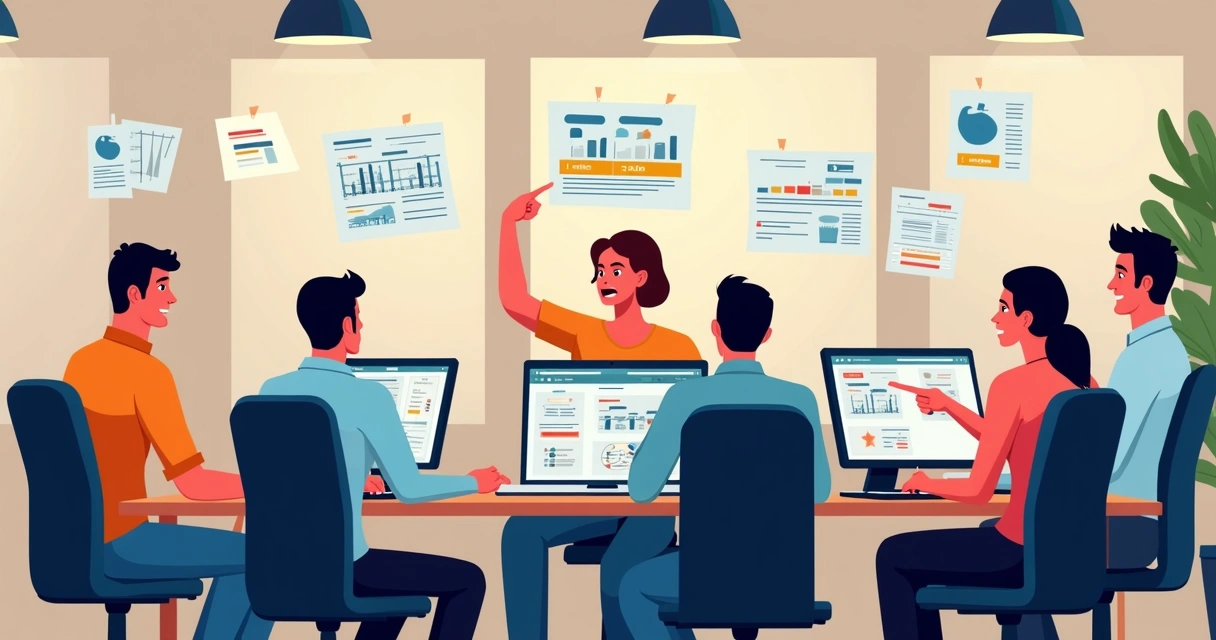 Equipe revisando planilhas e sistemas diferentes para montar orçamento B2B