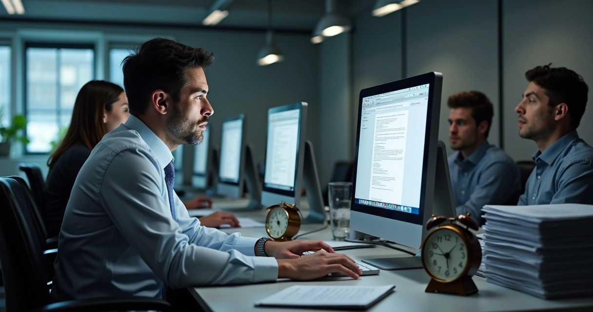 Equipe de vendas olhando computadores aguardando resposta automática para leads 