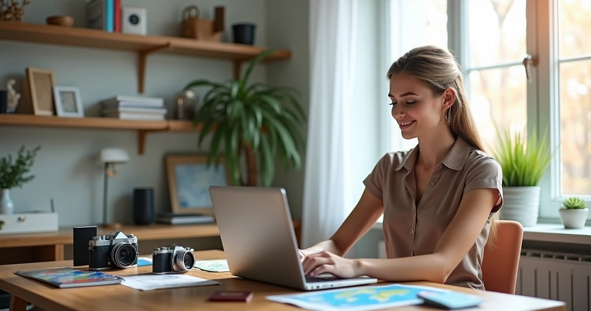 Consultora de viagens sentada em seu escritório, computador à frente e documentos de viagem sobre a mesa. 