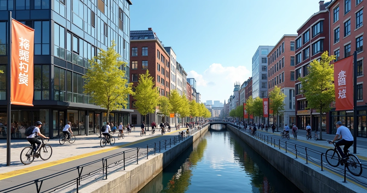 Copenhagen innovation hub with modern offices, cyclists and banners in Chinese and Danish