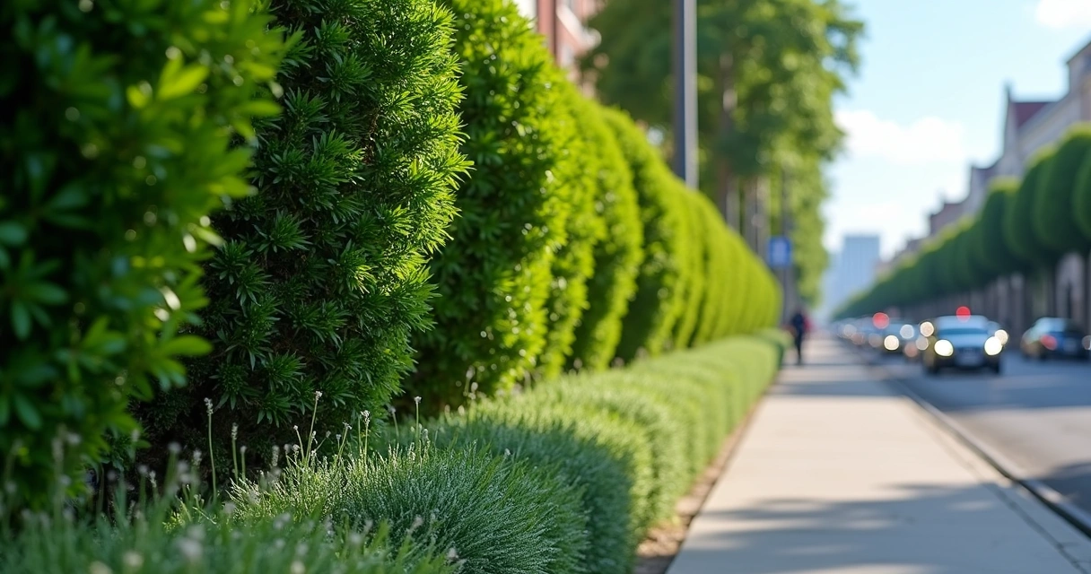 Thick green hedge bordering a sidewalk near a busy street 