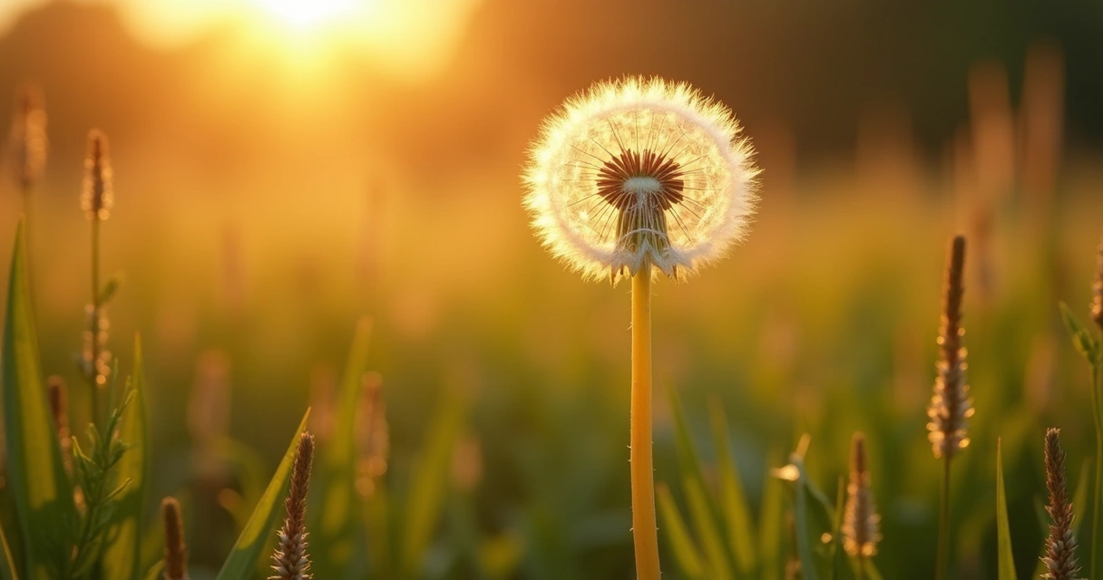 Flor de dente de leão em um campo ao pôr do sol 