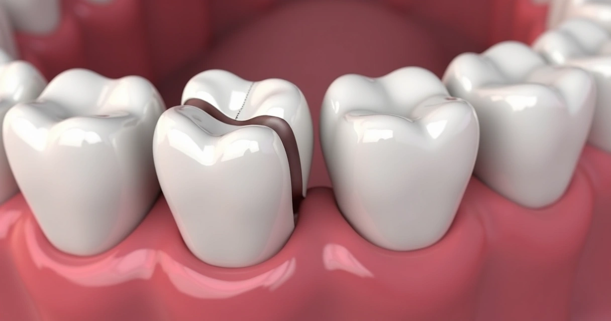 Detalhe de dente com lente de porcelana fraturada