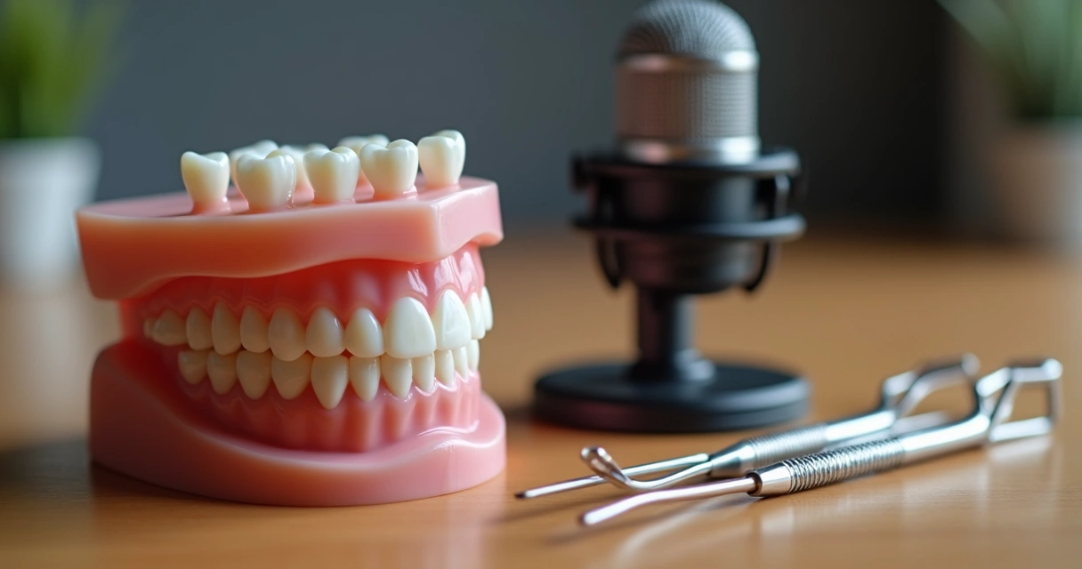 Dentes saudáveis e microfone de podcast 
