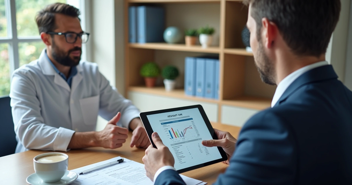 Dentist and accountant discussing tax strategies in office 