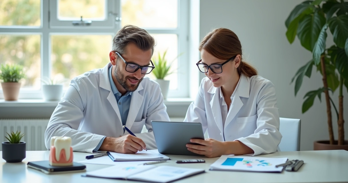 Dentist and accountant planning finances at desk with tablet 