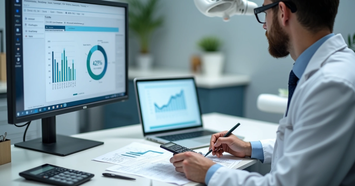 Dentist reviewing accounting documents in modern dental clinic 