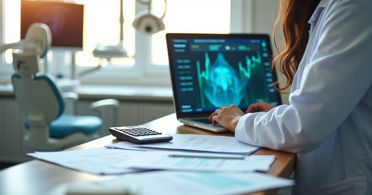 Dentist reviewing accounting documents at desk 