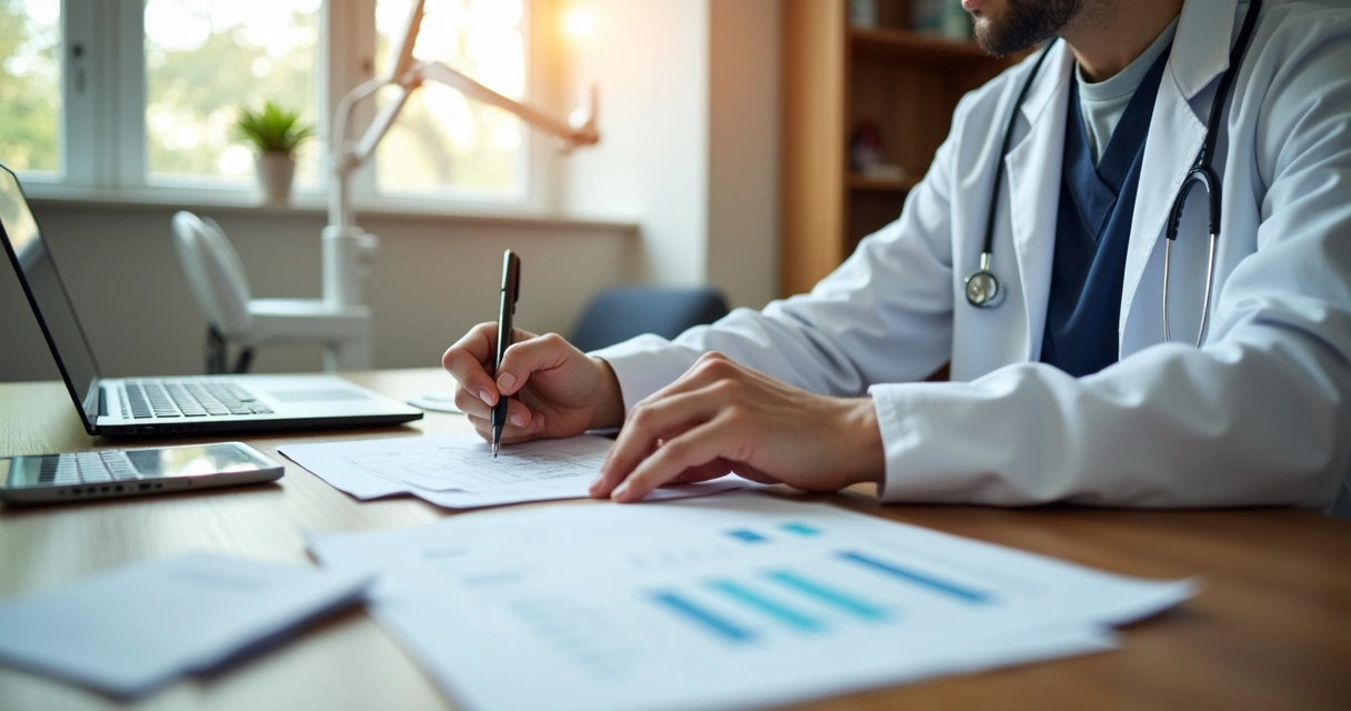 Dentist reviewing financial documents at a desk 