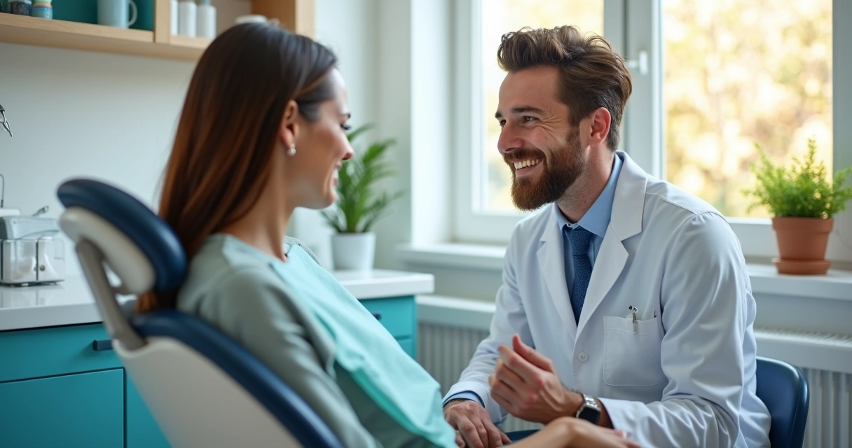 Dentista sorridente conversando com paciente, ambos em clima descontraído no consultório