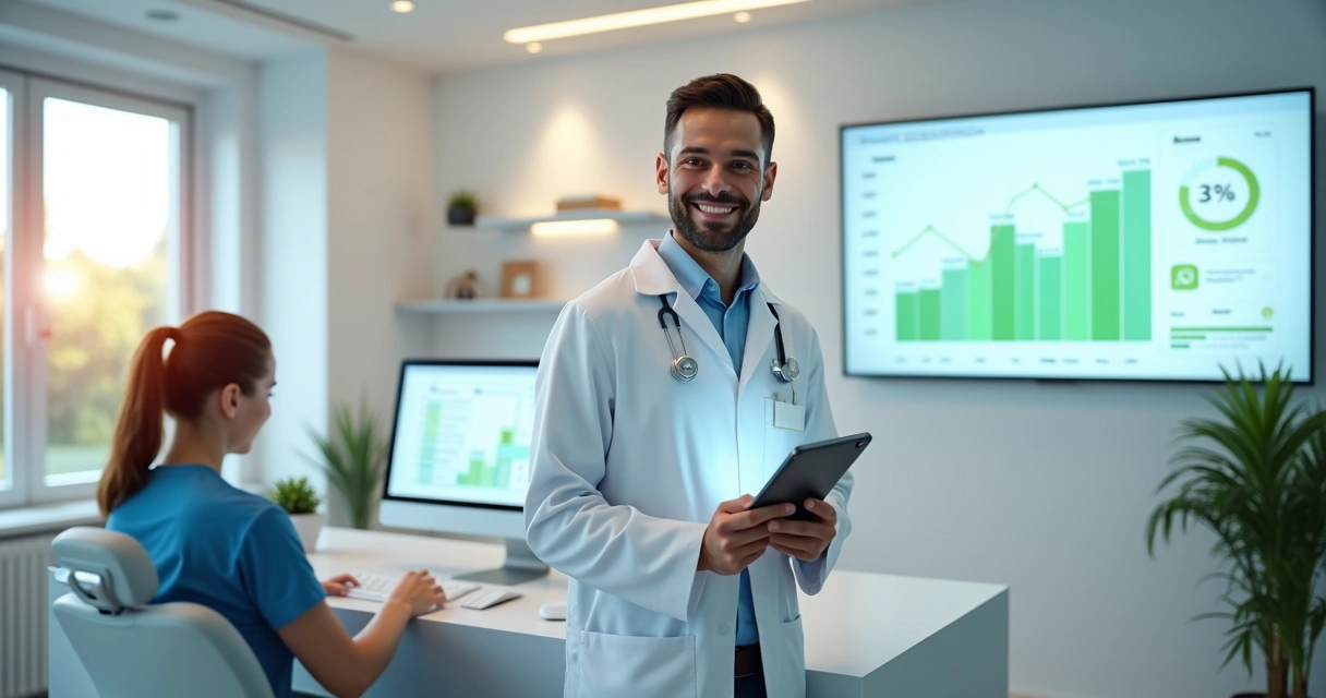 Dentista sorrindo em clínica moderna com agenda cheia ao lado de tela com gráficos de crescimento 