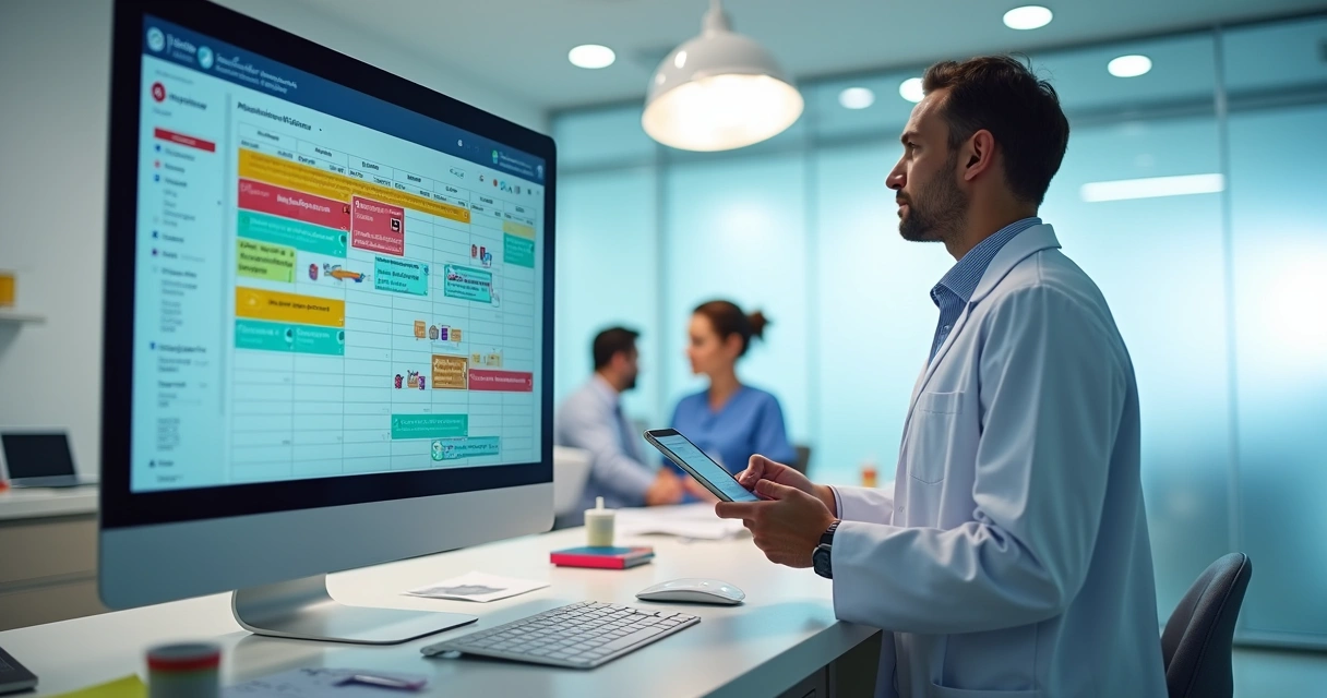 Dentista olhando para agenda digital desorganizada na clínica 