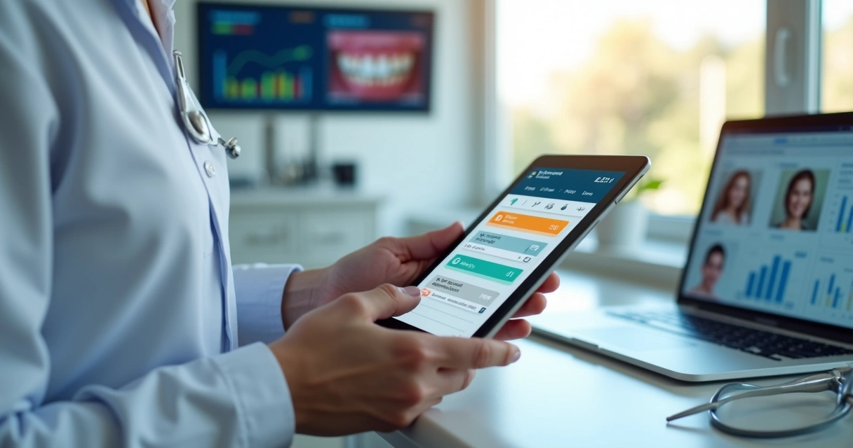 Dentista usando tablet com agenda digital e gráficos de crescimento em clínica moderna 