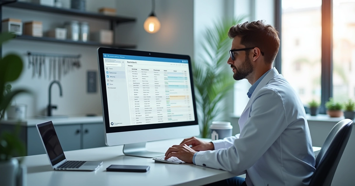 Dentista usando computador com software de agendamento automático em consultório odontológico moderno 