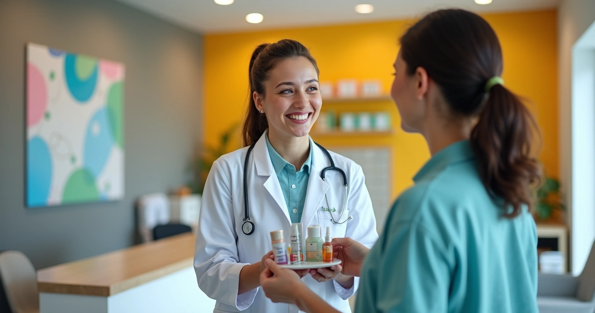 Dentista entregando kit de agradecimento ao paciente 