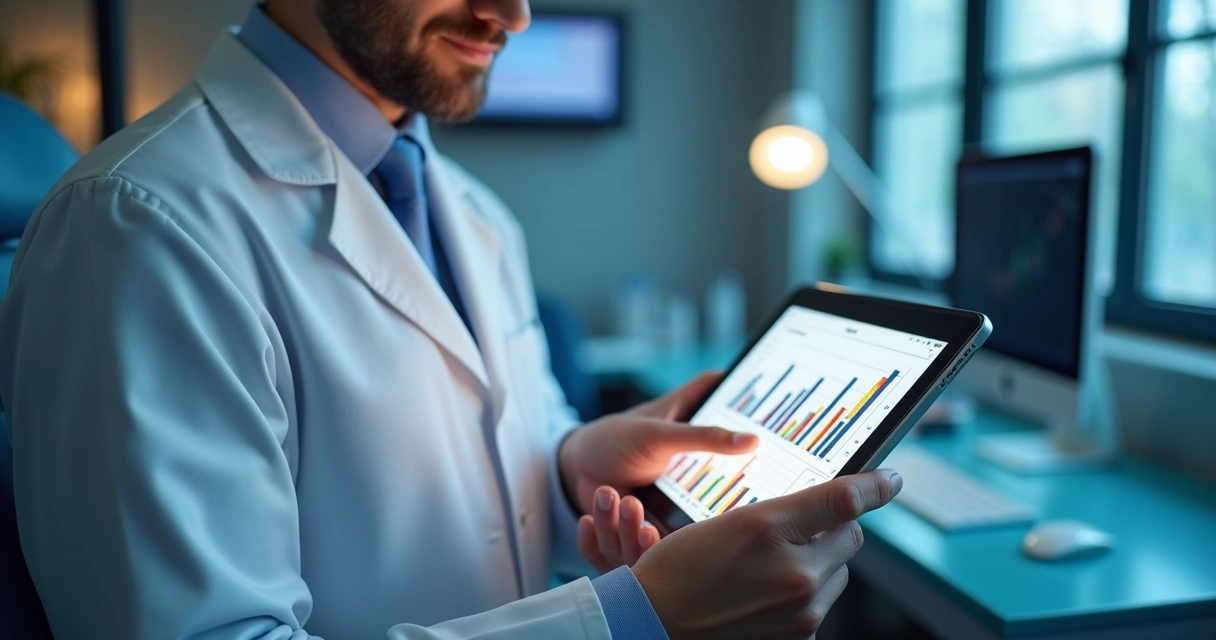 Dentista analisando gráficos de marketing em tablet com inteligência artificial