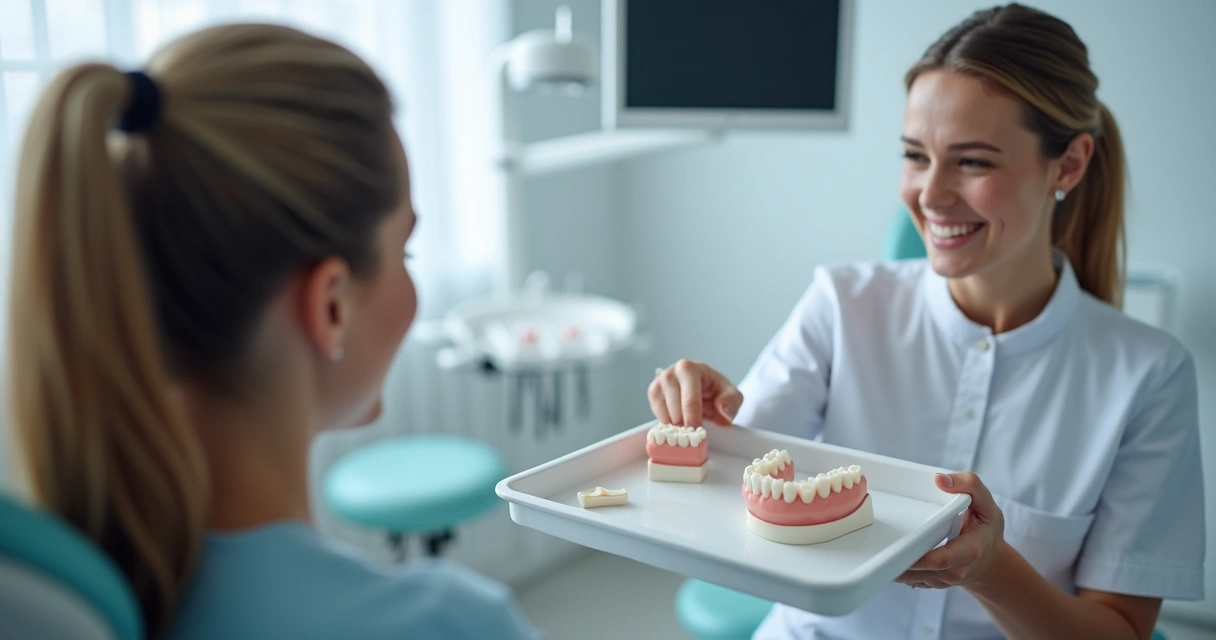 Dentista mostrando prótese para paciente em consultório moderno