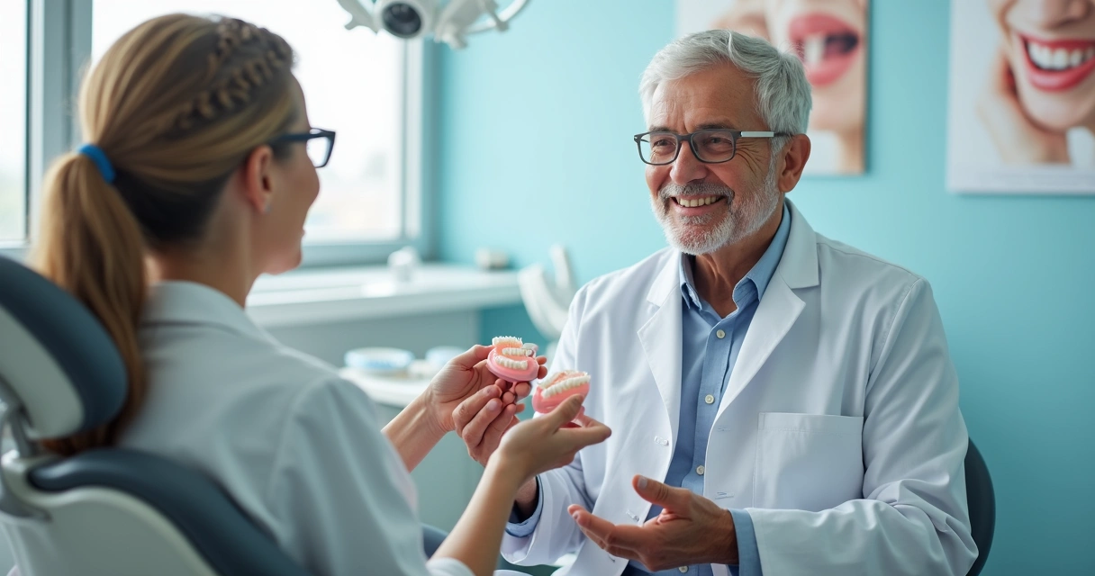 Dentista segurando prótese total e explicando para paciente 