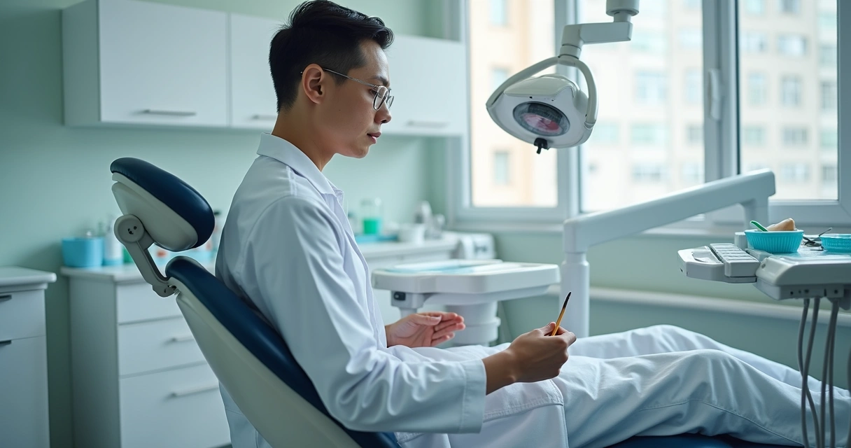 Dentista faz ajuste em cadeira odontológica para melhor postura.