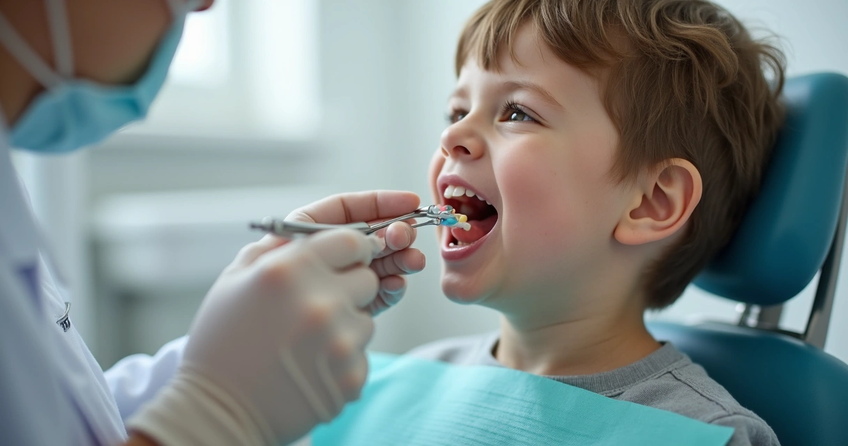 Dentista ajustando prótese na boca de criança 