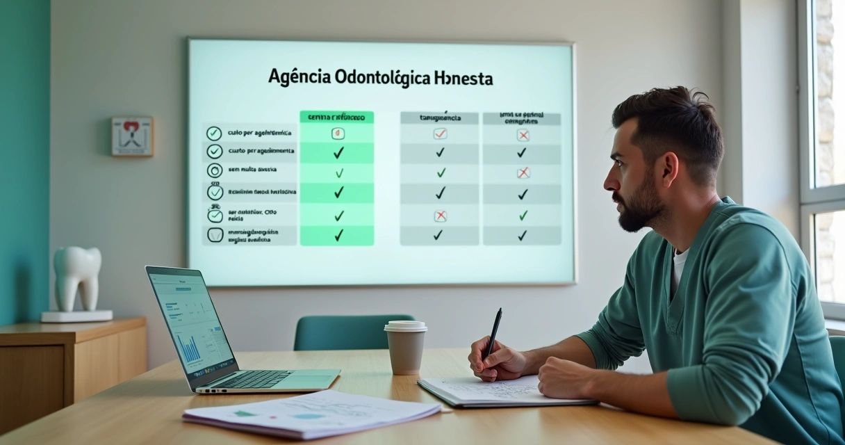 Dentista avaliando quadro de comparação entre agências de marketing odontológico 