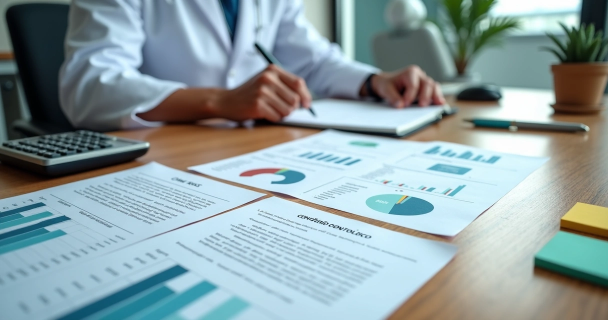 Dentista analisando contrato de convênio odontológico com gráficos financeiros 