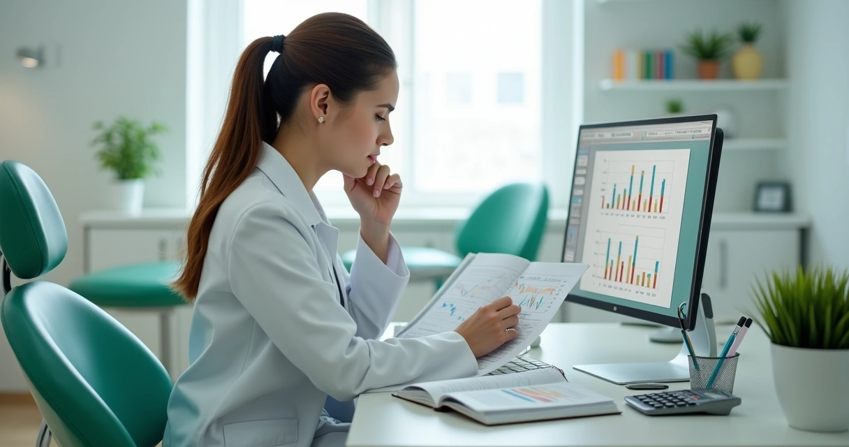 Dentista analisa gráficos financeiros e documentos contábeis 