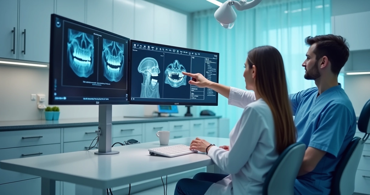 Dentista visualizando exames digitais na tela do computador junto com paciente 