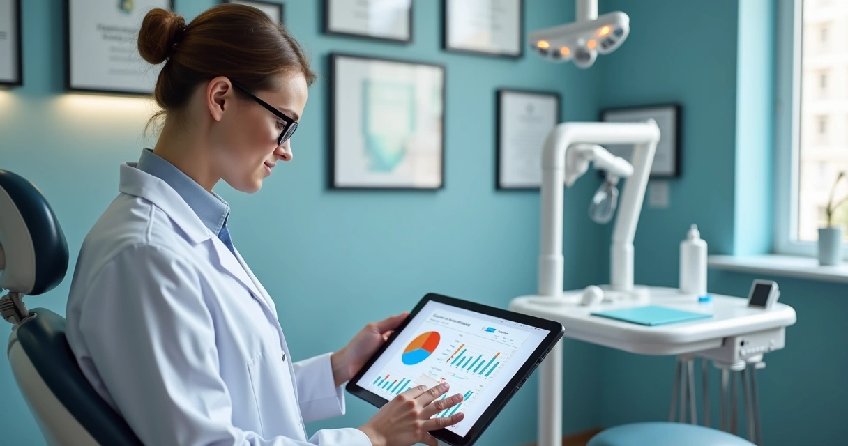 Dentista analisando indicadores no consultório 