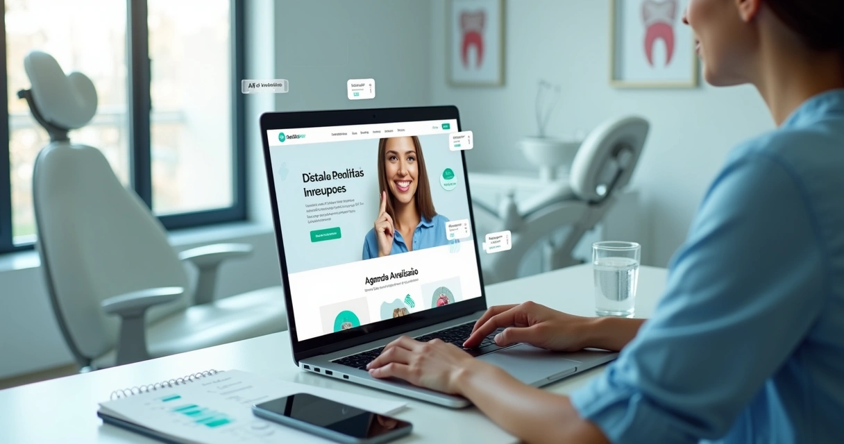 Dentista analisando landing page de tratamento odontológico em notebook 