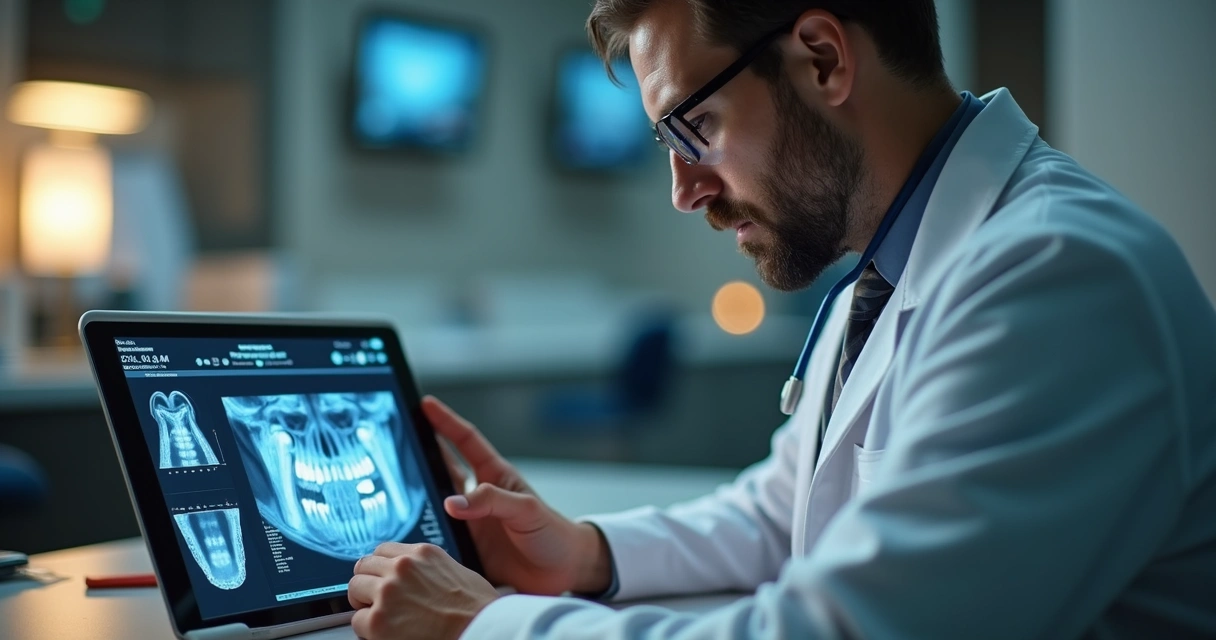 Dentista analisa odontograma digital em tablet.