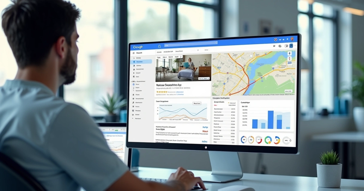 Dentista analisando perfil do Google Meu Negócio em computador com gráficos e mapas 