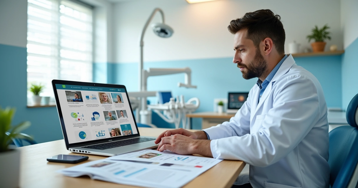 Dentista analisa portfólio digital de agência de marketing na tela do notebook 