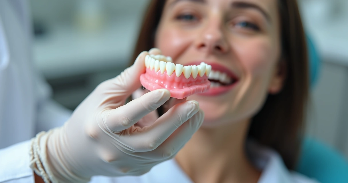 Dentista segurando prótese flexível próxima à boca de paciente 