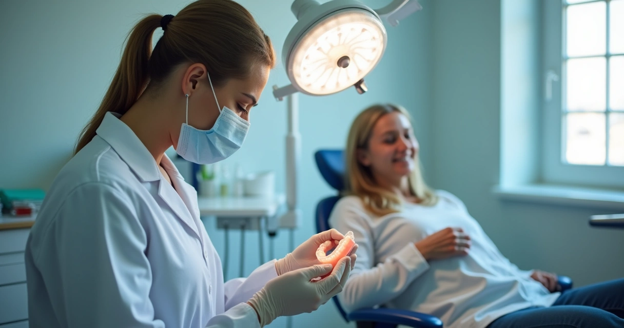 Dentista analisando prótese flexível de paciente em consultório