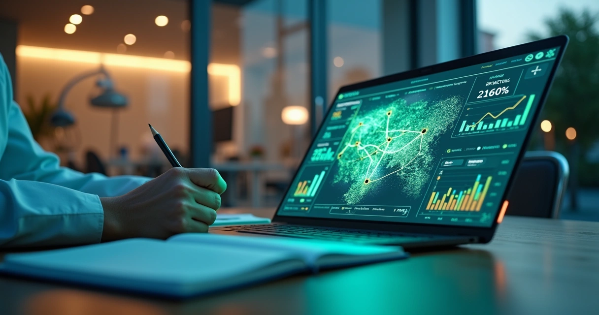 Dentista analisa painel digital de marketing com mapa da cidade e gráficos de retorno 