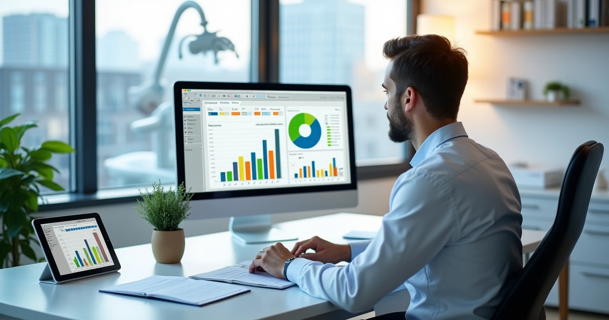 Dentista analisando relatórios financeiros e gráficos em escritório moderno de clínica odontológica 